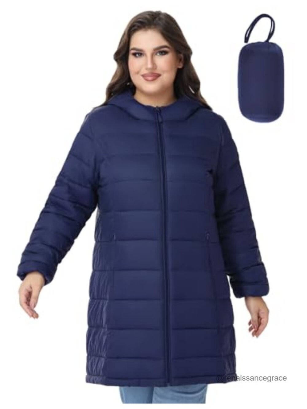 Plus Size Packable Puffer Jacket Lightweight Water Repellent Zip Up Hooded Coat